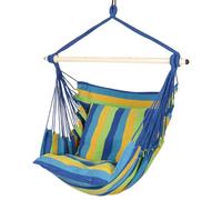 Highwild Hammock Chair Hanging Rope Swing - Max 500 Lbs - 2 Cushions Included - Steel Spreader Bar with Anti-Slip Rings - for Any Indoor or Outdoor Spaces (Blue Striped)