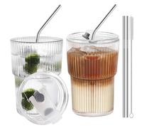 HIGIINC Iced Coffee Cups With Lids and Straws 2 Pcs, 16 OZ Unbreakable Glasses Drinking Set,Clear Plastic Cups Reusable Iced Coffee Tumbler with Lid and Straw, To Go Coffee Cups Dishwasher Safe