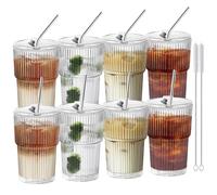 HIGIINC Iced Coffee Cups with Lids and Straws 8 Pcs, 16 OZ Unbreakable Glasses Drinking Set,Clear Plastic Cups Reusable Iced Coffee Tumbler with Lid and Straw, to Go Coffee Cups Dishwasher Safe