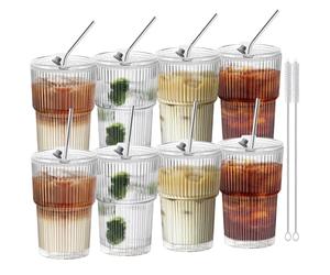HIGIINC Iced Coffee Cups with Lids and Straws 8 Pcs, 16 OZ Unbreakable Glasses Drinking Set,Clear Plastic Cups Reusable Iced Coffee Tumbler with Lid and Straw, to Go Coffee Cups Dishwasher Safe