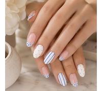 Higijapuf 24 Press On Nails French Tip Blau Kurze Mandelform