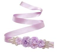 Higohome Bridal Sash Belts Handmade Roses with Pearls Rhinestones Beaded Satin Ribbon Wedding Belt, Lilac, One Size