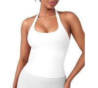 HIGORUN Halter Impact Tank Tops for Women Y2K Workout Longline Crop Tops with Built in Bras Open Back Going Out Gym Top, White, M