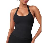 HIGORUN Halter Impact Tank Tops for Women Y2K Workout Longline Crop Tops with Built in Bras Open Back Going Out Gym Top, Black, S
