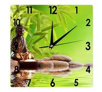 Higoss Square Wall Clock Buddha Meditating with Burning Candles, Bamboo Leaves And Stones Silent Non-Ticking Clock 12 Inch, Battery Operated Accurate Landscape/Cityscape Farmhouse/Home/Office Decor