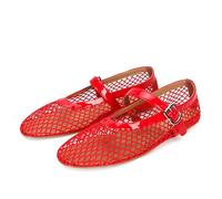 HiGropcore Mesh Ballet Flats Women, 2024 New Strappy Fishnet Buckle Flats, Sexy Mary Jane Ballerina Shoes Comfortable Dress Shoes Slip-on Loafers Red