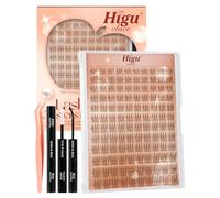 Higu clace Brown Lash Clusters Kit 8-16mm, Natural-Cluster-Lashes Kit D curl Eyelashes-Individual kit with Bond and Seal and Tweezers, DIY Eyelash Extensions Kit at Home(D-v02）