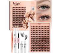 Higu clace Natural-Cluster-Lashes Kit C curl, Wispy Lash Clusters Kit 8-16mm, Individual-Eyelashes kit with Whit Bond and Seal and Tweezers, DIY Eyelash Extensions Kit at Home(E）