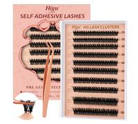 Higu clace Pre-Glued Eyelashes 10-16mm, Volume Self Adhesive Eyelashes D Curl, No Glue Needed Pre-Glued Cluster Lashes Kit with Lash Tweezers, Press On Lashes Easy to use (DENSE)