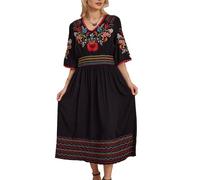 Higustar Mexican Embroidered Dresses for Women Boho Peasant Traditional Fiesta Hippie Bohemian Floral Cocktail Long Dress, Black-13, XL