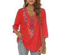 Higustar Women's Mexican Embroidered Tops Bohemian Style Peasant 3/4 Sleeve Fiesta Shirts Boho Tunic Blouses Hippie Clothes, Red, L