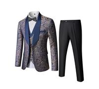 Hihawk Mens 3 Piece Floral Tuxedo, Jacquard Slim Suit Set, Paisley Blazer Vest and Pants with Bow Tie for Prom Wedding, Golden Blue, XS