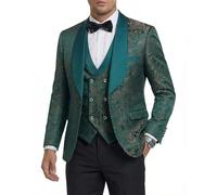 Hihawk Mens 3 Piece Floral Tuxedo, Jacquard Slim Suit Set, Paisley Blazer Vest and Pants with Bow Tie for Prom Wedding, Dark Green, XS