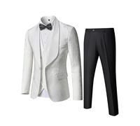 Hihawk Mens 3 Piece Floral Tuxedo, Jacquard Slim Suit Set, Paisley Blazer Vest and Pants with Bow Tie for Prom Wedding, White, L