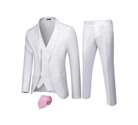 Hihawk Men's 3 Piece Suit with Stretch Fabric, Solid Slim Fit One Button Suit Blazer Set, Jacket Vest Pants with Tie., Pure White, XS