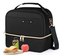Hihealer 2 Tier Lunch Bag Women with Stylish Vegan Leather - Large Leakproof Insulated Cool Bag with Removable Adjustable Strap for Work Picnic, Christmas Gifts for Women (Midnight Black)