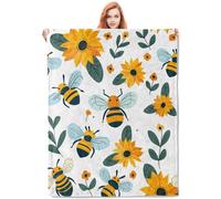 HiHELLOH Bee and Sunflower Blanket, Cute Floral-Themed Fleece Throw with Cartoon Bees and Sunflowers Design, Soft Cozy Lightweight Blanket, for Nature Lovers, 50x60 in,Decor