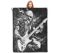 HiHELLOH Rock Guitar Skeleton Throw Blanket Gifts, Soft Cozy Fleece Blanket with Edgy Skull and Guitarist Print, Blanket for Couch Bed Sofa, Perfect for Music Lovers and Rock Fans, 60x80 in