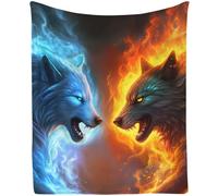 HiHELLOH Wolf Blanket - Fire & Ice, Blue/Red, 60"x50" Plush Wolf Novelty Gift for Men & Boys