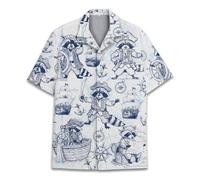 HIHI GLOBAL Hawaiian Shirt for Men Women Funny Hawaiian Shirt Mens Summer Beach Aloha Short Sleeve Casual Button Down, White-pirate Raccoon, Medium