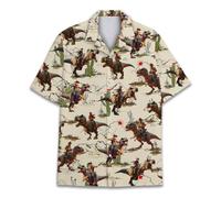 HIHI GLOBAL Mens Hawaiian Shirt, Tropical Raccoon Hawaiian Shirt Casual Button Down Holiday Beach Summer Short Sleeve Shirt, Cowboy Dinosaur, 3XL