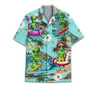 HIHI GLOBAL Mens Hawaiian Shirt, Tropical Raccoon Hawaiian Shirt Casual Button Down Holiday Beach Summer Short Sleeve Shirt, Alien, Large