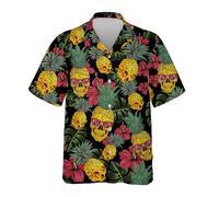 HIHI GLOBAL Mens Hawaiian Shirt, Tropical Raccoon Hawaiian Shirt Casual Button Down Holiday Beach Summer Short Sleeve Shirt, Pineapple Skull, Large