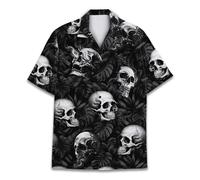 HIHI Global Neon Alien Hawaiian Shirt for Men Women, Alien Shirt Button Down Short Sleeve, Alien Mens Hawaiian Shirts, Skull, Medium