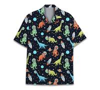 HIHI Global Neon Alien Hawaiian Shirt for Men Women, Alien Shirt Button Down Short Sleeve, Alien Mens Hawaiian Shirts, Dinosaur, L