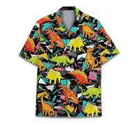 HIHI GLOBAL Neon Alien Hawaiian Shirt for Men Women, Alien Shirt Button Down Short Sleeve, Alien Mens Hawaiian Shirts, Dinosaur Retro, S