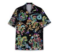 HIHI Global Neon Alien Hawaiian Shirt for Men Women, Alien Shirt Button Down Short Sleeve, Alien Mens Hawaiian Shirts, Neon Cowboy, M