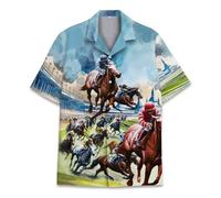 HIHI GLOBAL Neon Alien Hawaiian Shirt for Men Women, Space Shirt Button Down Short Sleeve, Alien Mens Hawaiian Shirts, Horse Racing 5, XXL