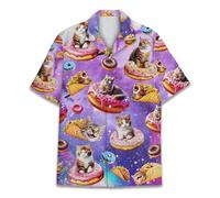 HIHI Global Neon Alien Hawaiian Shirt for Men Women, Space Shirt Button Down Short Sleeve, Alien Mens Hawaiian Shirts, Galaxy Cat, Medium