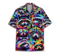 HIHI Global Neon Alien Hawaiian Shirt for Men Women, Space Shirt Button Down Short Sleeve, Alien Mens Hawaiian Shirts, Raccoon 4, XXL