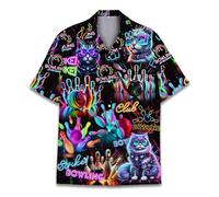 HIHI GLOBAL Neon Alien Hawaiian Shirt for Men Women, Space Shirt Button Down Short Sleeve, Alien Mens Hawaiian Shirts, Bowling Cat, 4XL