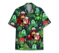 HIHI Global Neon Alien Hawaiian Shirt for Men Women, Space Shirt Button Down Short Sleeve, Alien Mens Hawaiian Shirts, Bigfoot Alien 3, Large