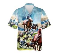 HIHI GLOBAL Neon Alien Hawaiian Shirt for Men Women, Space Shirt Button Down Short Sleeve, Alien Mens Hawaiian Shirts, Horse Racing 5, XXXXL