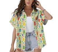 HIHI GLOBAL Tropical Tiki and Flamingo Hawaiian Shirt for Women Summer Beach Button Down Short Sleeve Clothes for Women, Green-tiki 1, M