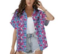 HIHI GLOBAL Tropical Tiki and Flamingo Hawaiian Shirt for Women Summer Beach Button Down Short Sleeve Clothes for Women, Multicolor-patriotic, XL