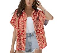 HIHI GLOBAL Tropical Tiki and Flamingo Hawaiian Shirt for Women Summer Beach Button Down Short Sleeve Clothes for Women, Tiki Red, L