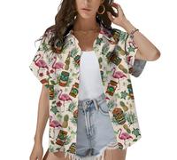 HIHI GLOBAL Tropical Tiki and Flamingo Hawaiian Shirt for Women Summer Beach Button Down Short Sleeve Clothes for Women, Tiki Flamingo, XL