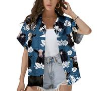 HIHI GLOBAL Tropical Tiki and Flamingo Hawaiian Shirt for Women Summer Beach Button Down Short Sleeve Clothes for Women, Hereford Cow, XXL
