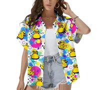 HIHI GLOBAL Tropical Tiki and Flamingo Hawaiian Shirt for Women Summer Beach Button Down Short Sleeve Clothes for Women, Retro Duck, S