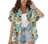 HIHI GLOBAL Women Hawaiian Shirt Tropical Pattern Summer Beach Button Down Floral Casual Short Sleeve Tops Outfits, Blue-rubber Duck, M