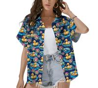 HIHI GLOBAL Women Hawaiian Shirt Tropical Pattern Summer Beach Button Down Floral Casual Short Sleeve Tops Outfits, Navy-rubber Duck, XL