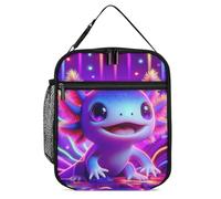 hihihihihihihihi Insulated Lunch Box Cool Neon Cute Axolotl Reusable Portable Purple Lunch Bag with Side Pocket Small Thermal Meal Cooler Bag Tote for Work Office