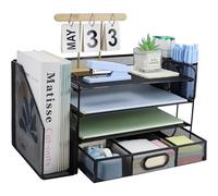 HIHOBDAY 4 Tier Desk File Organiser with Extra Vertical File Sorter, A4 Paper Letter Tray with Stationery Drawer, Magazine Document Holder for Home Office, Black
