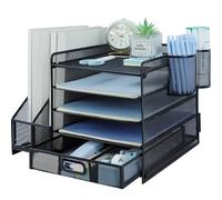 HIHOBDAY 5 Tier Desk File Organiser with Extra Vertical File Sorter, A4 Paper Letter Tray with Stationery Drawer, Magazine Document Holder for Home Office, Black