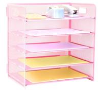 HIHOBDAY 5 Tier Paper Organiser Mesh Letter Tray Metal Magazine File Desk Storage For Office School Home, Pink