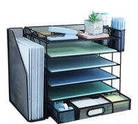 HIHOBDAY 6 Tier Desk File Organiser with Extra Vertical File Sorter, A4 Paper Letter Tray with Stationery Drawer, Magazine Document Holder for Home Office, Black